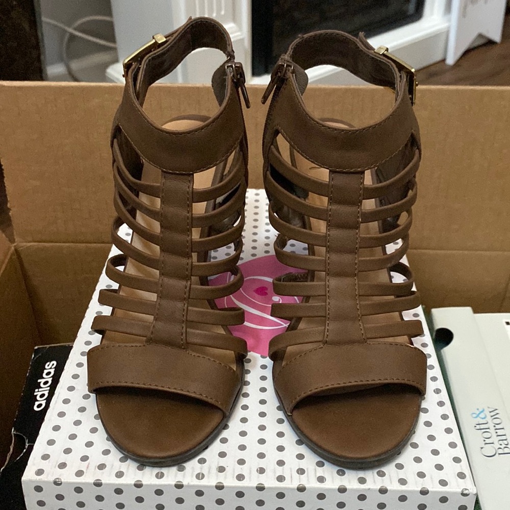 Tan open toe heels